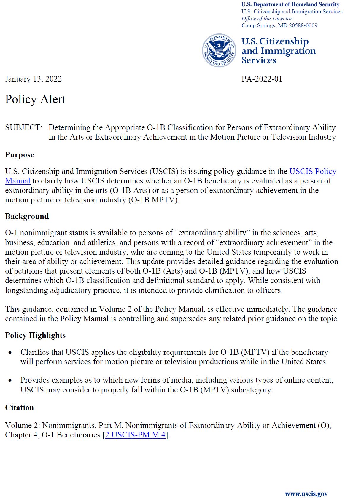 Image of 13Jan22 USCIS Policy Alert memo